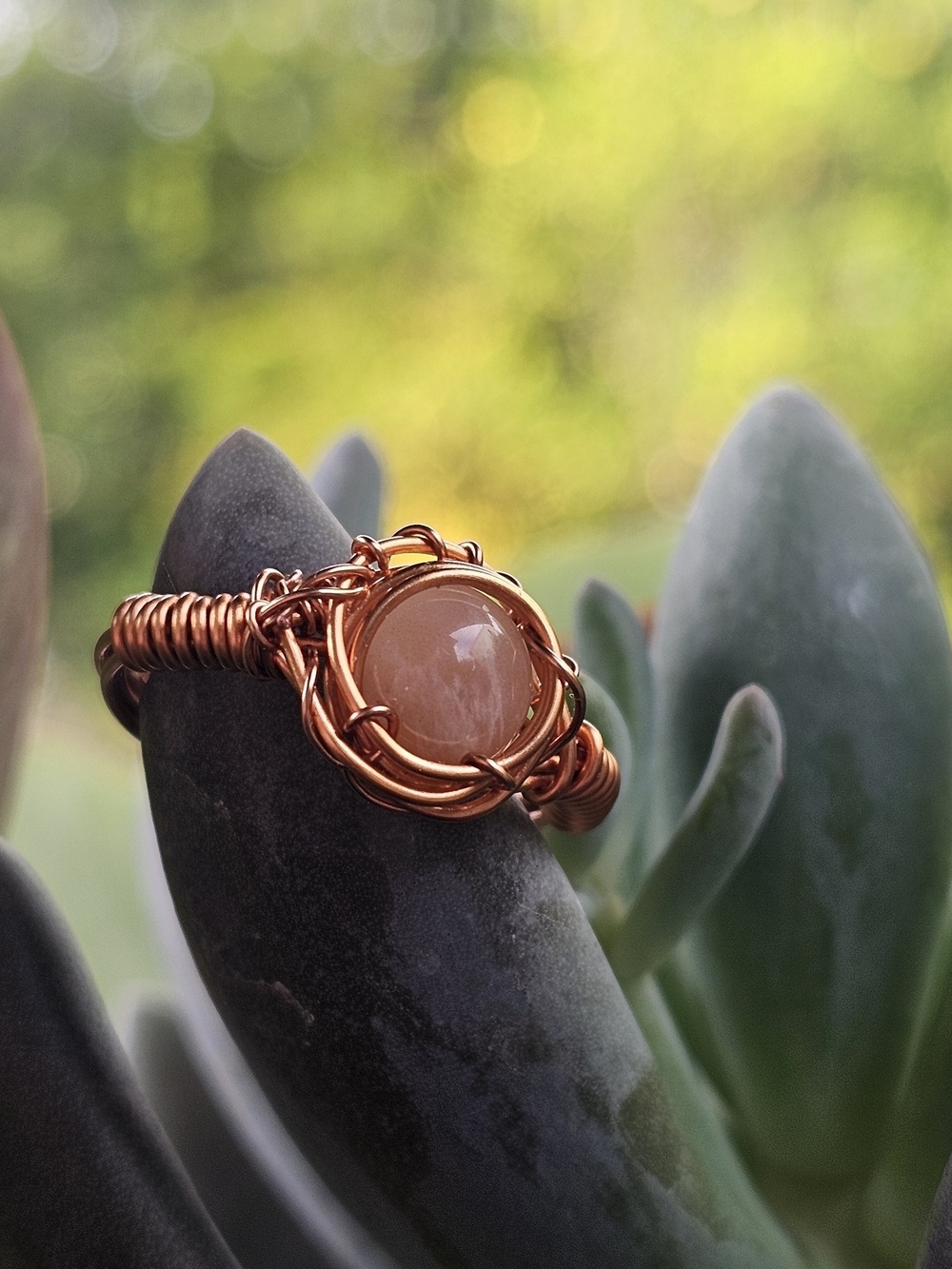 Handcrafted Copper Wire Ring with Peach Moonstone